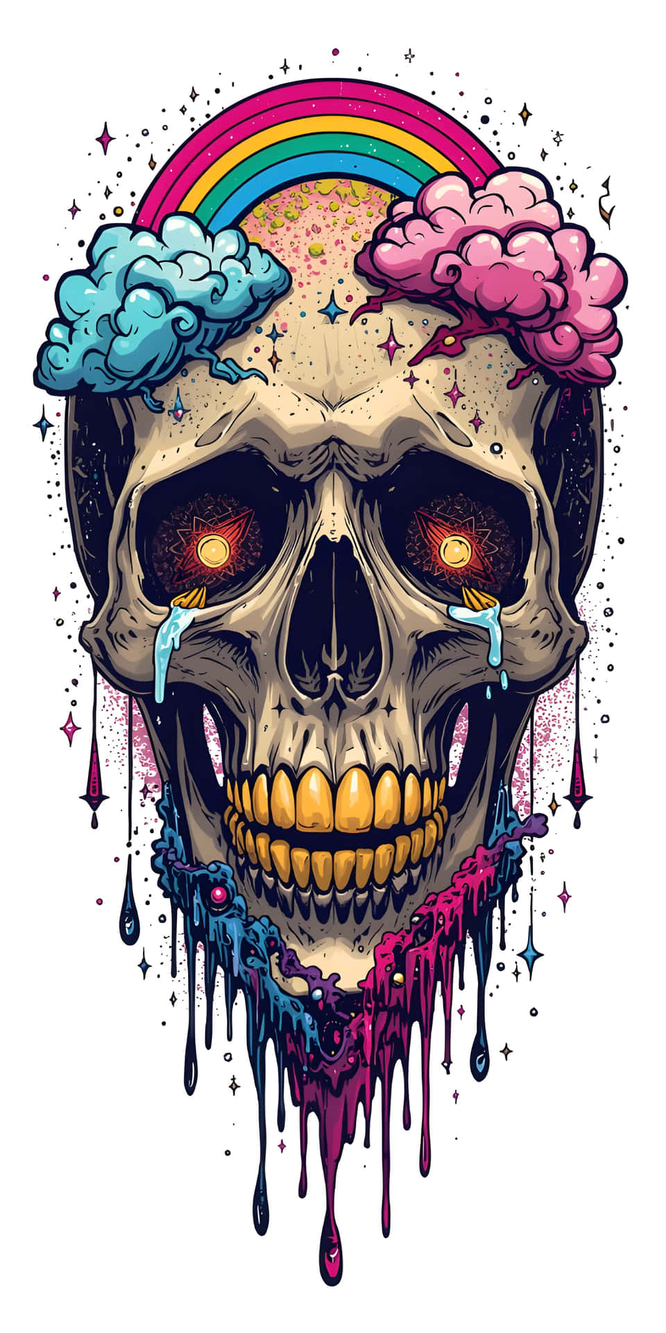 Cosmic Sun and Rainbow Skull Illustration Wallpaper 壁紙 — 一個風格化的頭骨，帶有發光的眼睛和彩色雲朵在彩虹下哭泣油漆。