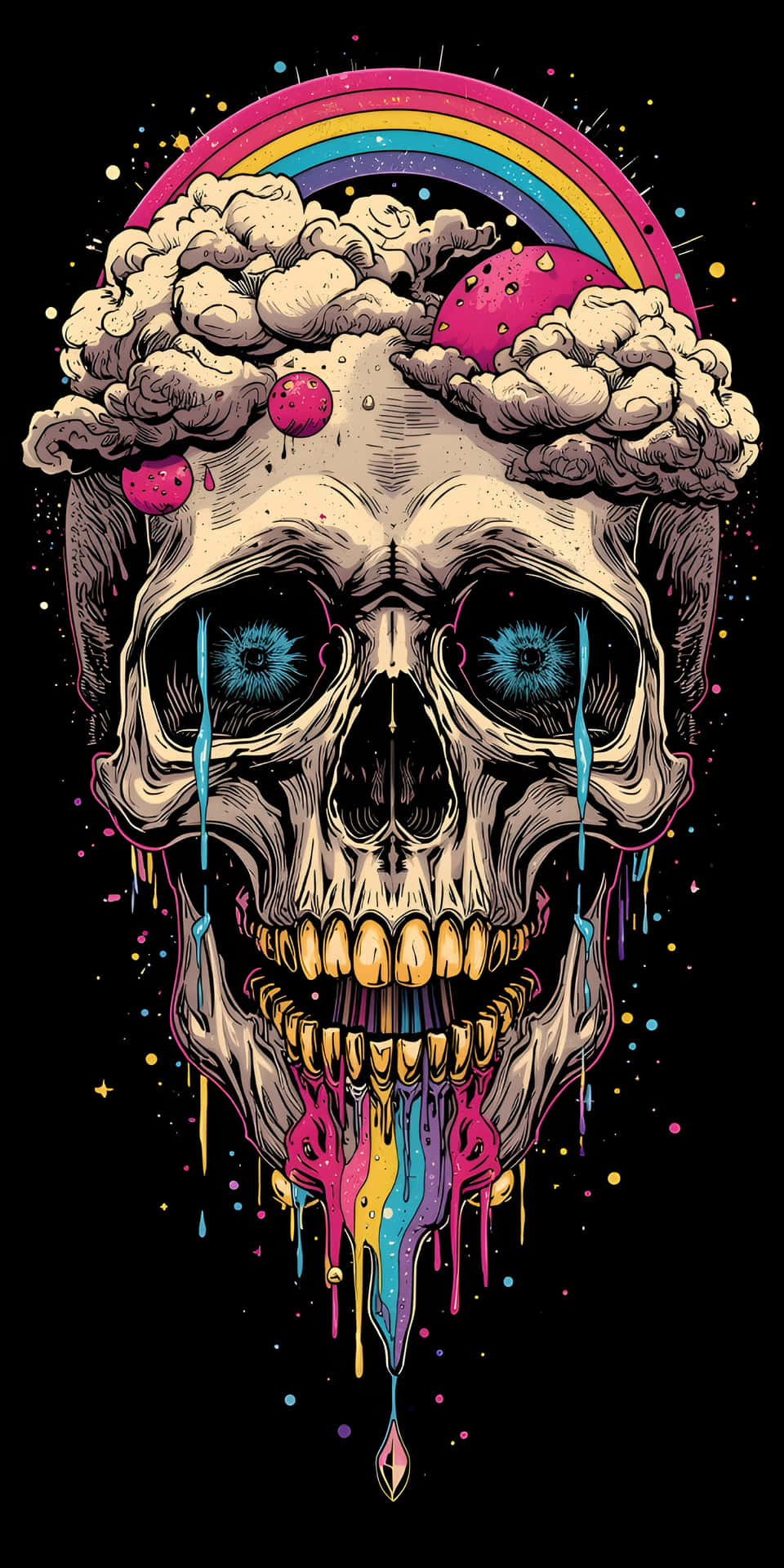 Mystical Rainbow Skull with Purple Drip Wallpaper 壁紙 — 一個風格化的頭骨，帶有發光的藍色眼睛和從嘴巴滴下的彩虹，背景是黑色帶有雲和星星。