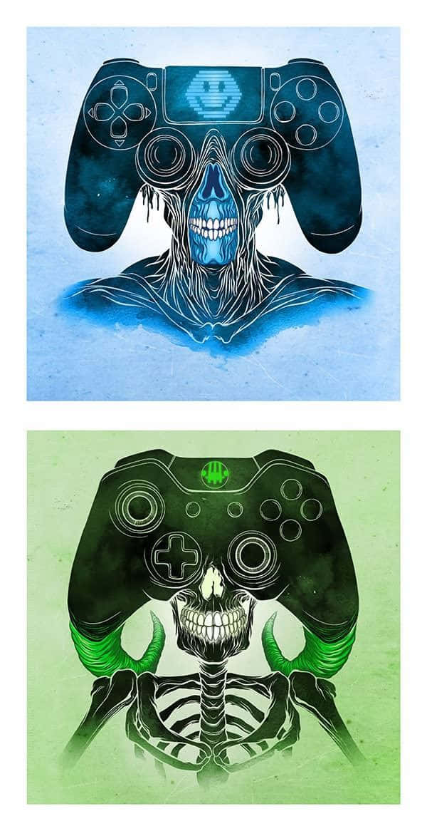 Playstation Profile 桌布 壁紙 — 一個風格化的頭骨，帶有發光的藍色眼睛和滴落的紋理，從一個視頻遊戲控制器中浮現，背景是帶有紋理的藍色。