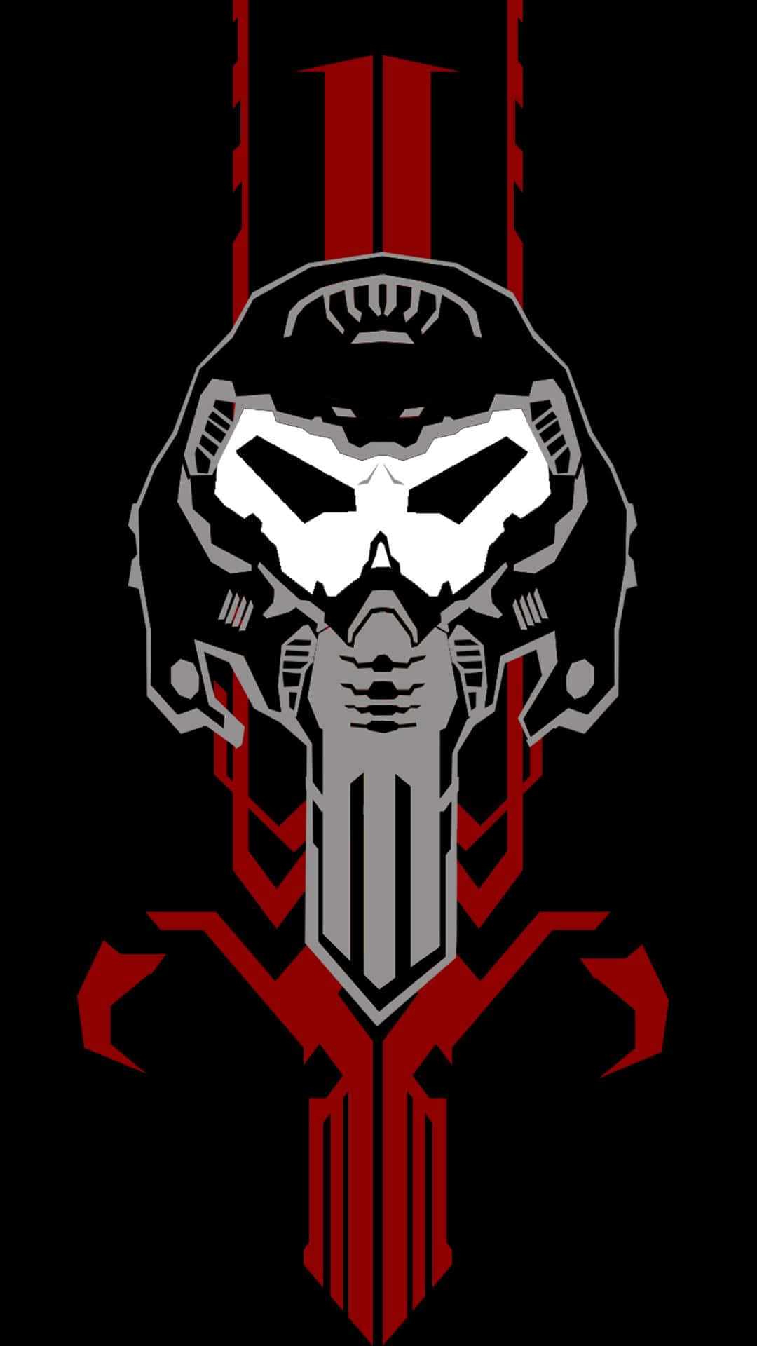 Doom Slayer 桌布 壁紙 — 一個風格化的頭骨，帶有白色眼睛和紅色點綴，在黑色背景上以大膽的圖形設計呈現。