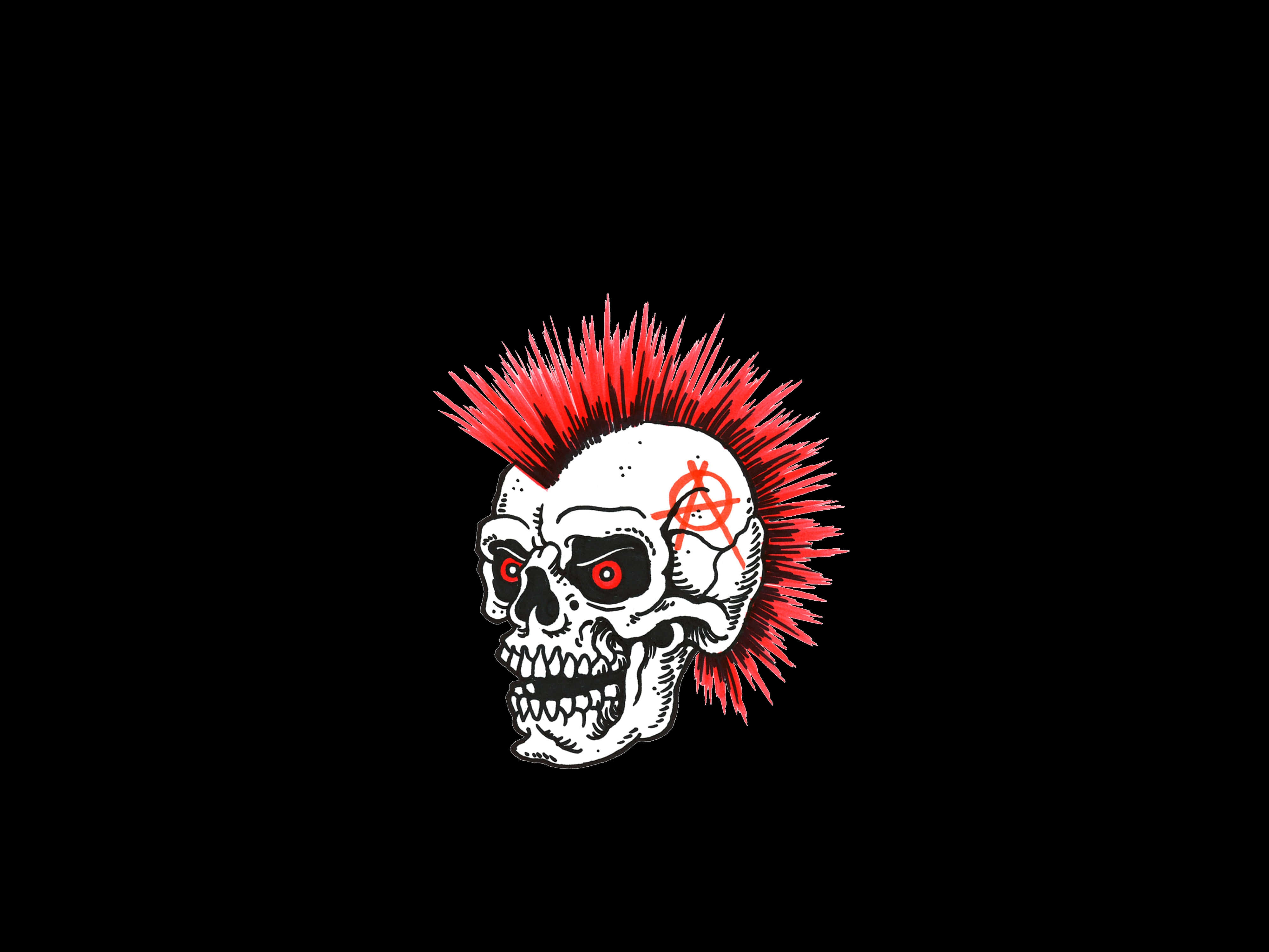 Awesome Skull 桌布 壁紙 — 一個風格化的頭骨，帶有紅色莫霍克髮型和無政府主義符號，在黑色背景上強烈凝視。