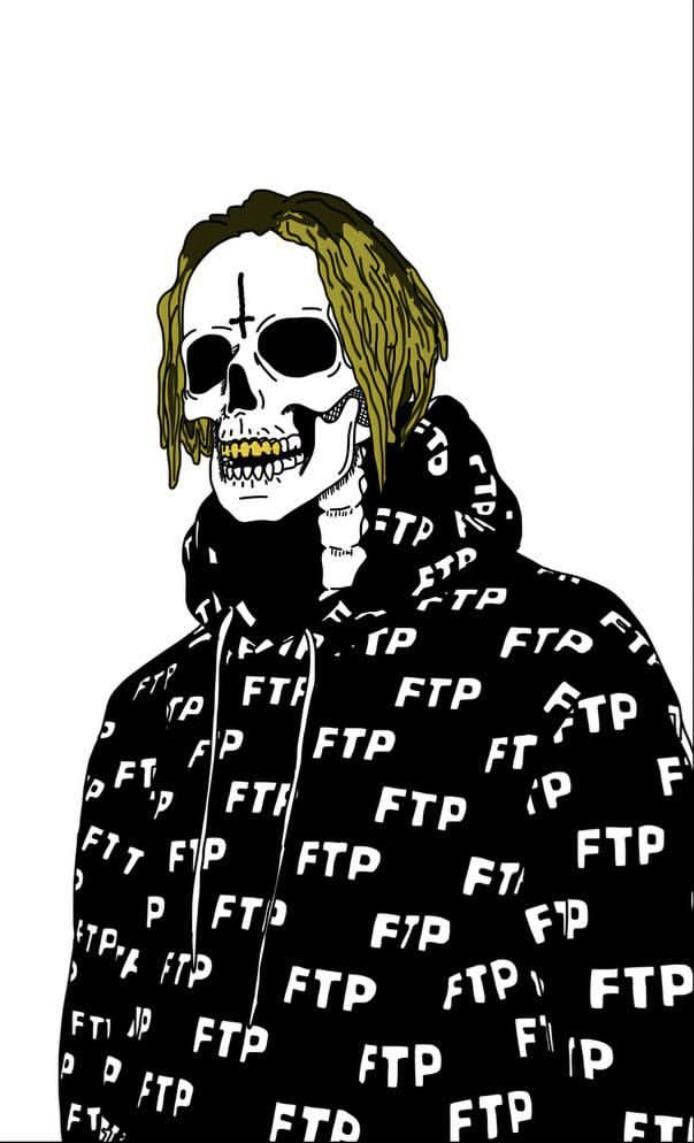 suicideboys 桌布 壁紙 — 一個風格化的頭骨，帶有綠色辮子和金牙，穿著一件覆蓋白色FTP文字的黑色連帽衫，背景為純白色。