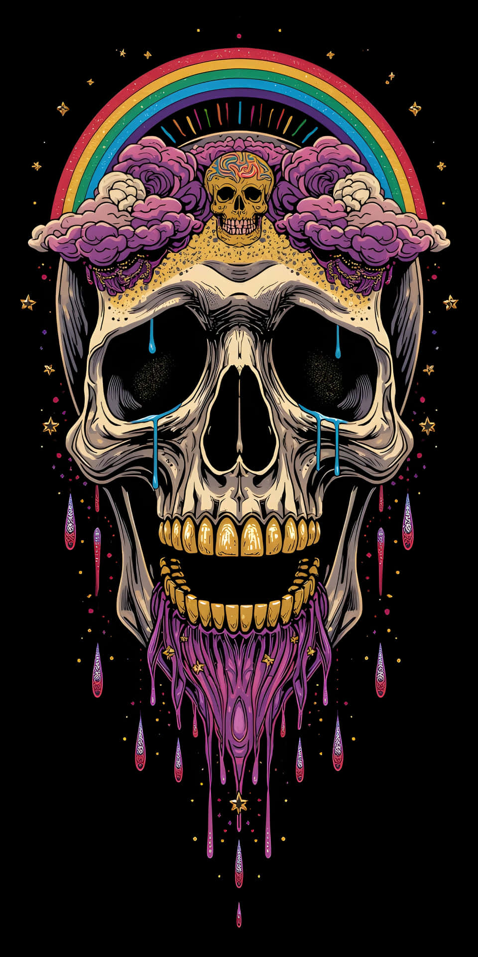 Rainbow Cloud Surreal Skull Art Wallpaper 壁紙 — 一個風格化的頭骨，帶有金色牙齒和紫色眼淚，在彩虹拱形於蓬鬆雲朵之上，襯以星光閃爍的黑色背景中滴落。