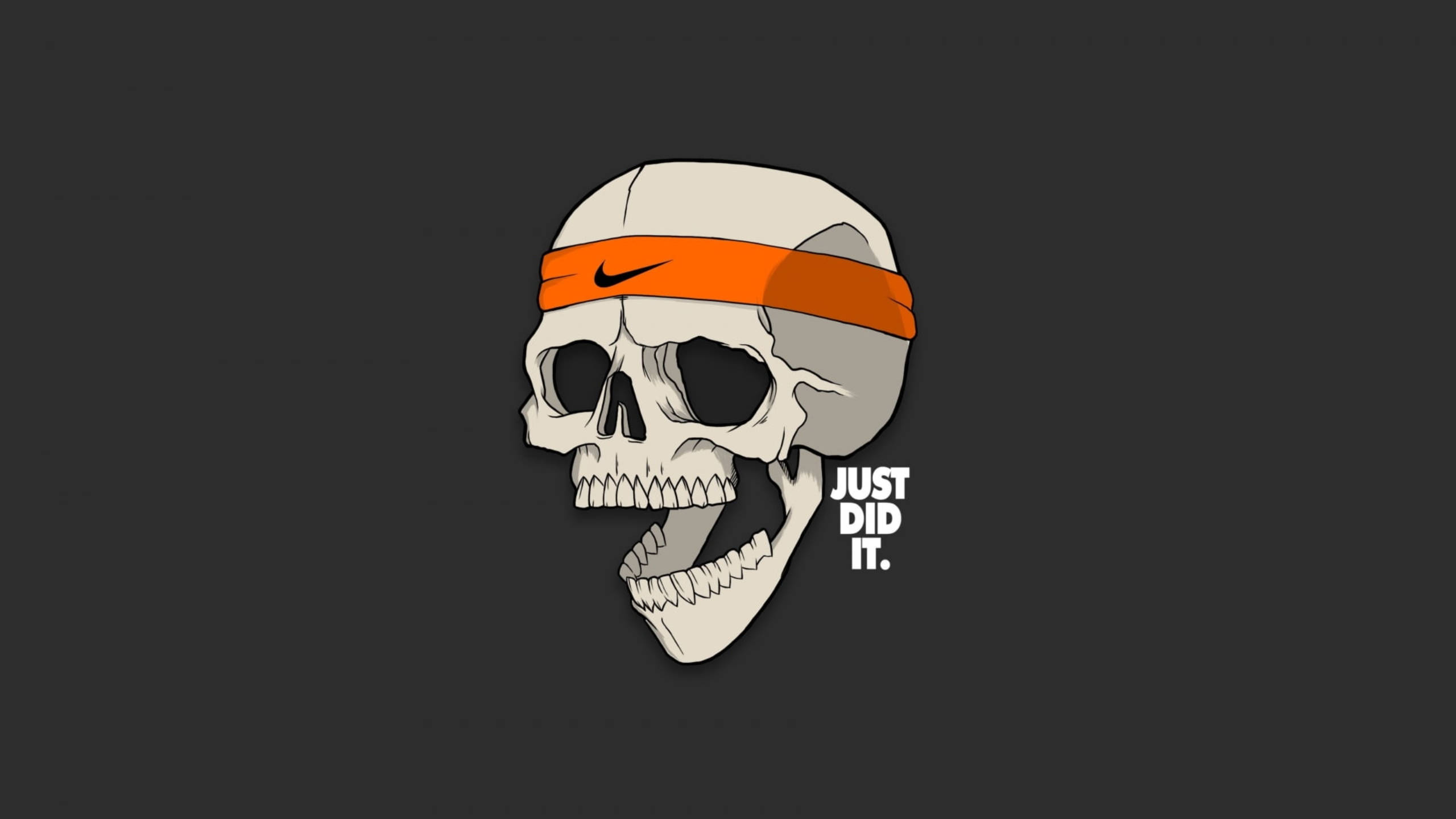 Just Do It 桌布 壁紙 — 一個風格化的頭骨，戴著橙色Nike頭帶，旁邊有「JUST DID IT」文字，背景為深灰色。