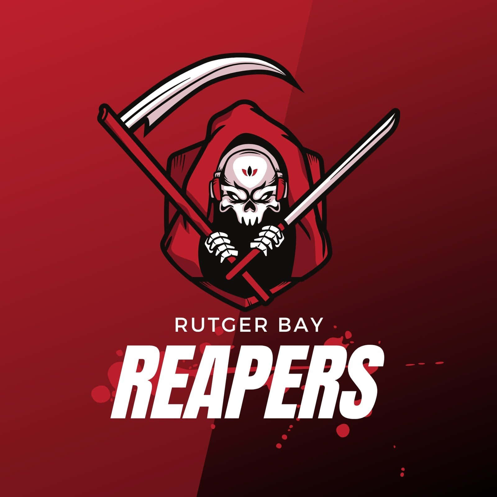 戴紅色連帽的頭骨，手持鐮刀和劍，文字為「Rutger Bay Reapers」。 — 死神動圖 壁紙