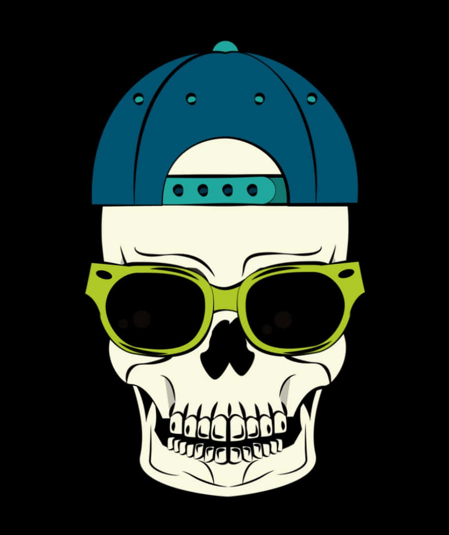 Cool Skull 桌布 壁紙 — 一個風格化的頭骨，戴著藍色帽子和萊姆綠色太陽眼鏡，背景為黑色。