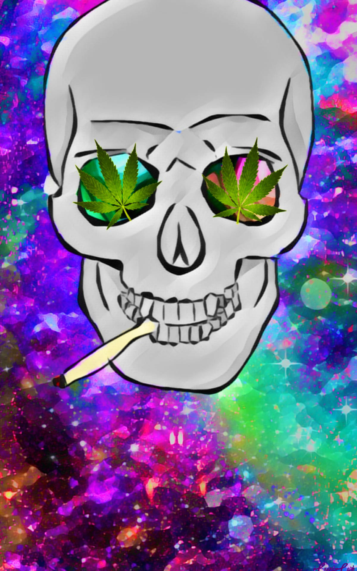 頭骨，大麻葉眼睛，叼著大麻煙，閃爍宇宙背景