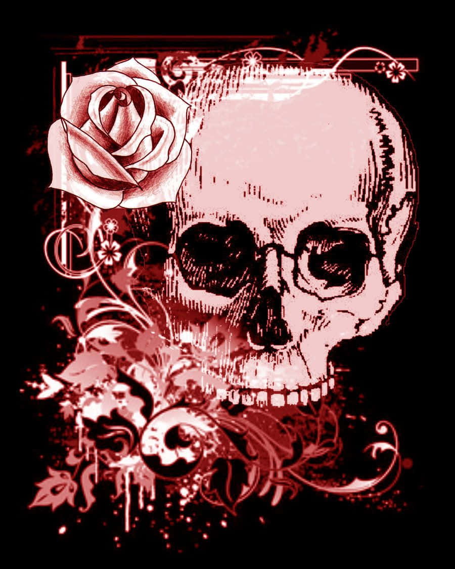 Pink Skull 桌布 壁紙 — 一個風格化的頭骨，飾有玫瑰和華麗的漩渦紋，深紅色配黑色背景。