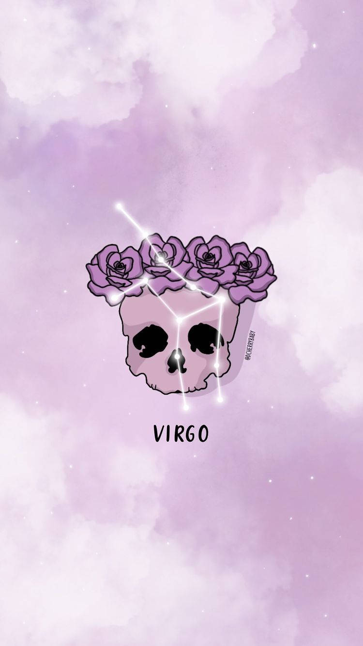 Virgo 桌布 壁紙 — 一個風格化的頭骨，飾有紫色玫瑰和處女座星座線，背景是柔和的粉紫色水彩天空。
