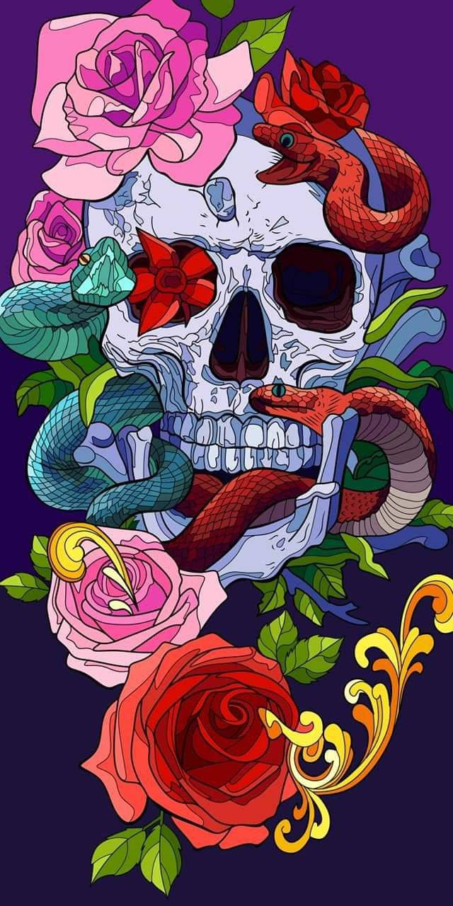 dead 桌布 壁紙 — 一個風格化的頭骨，飾有鮮豔的玫瑰和纏繞的蛇，背景為深紫色。