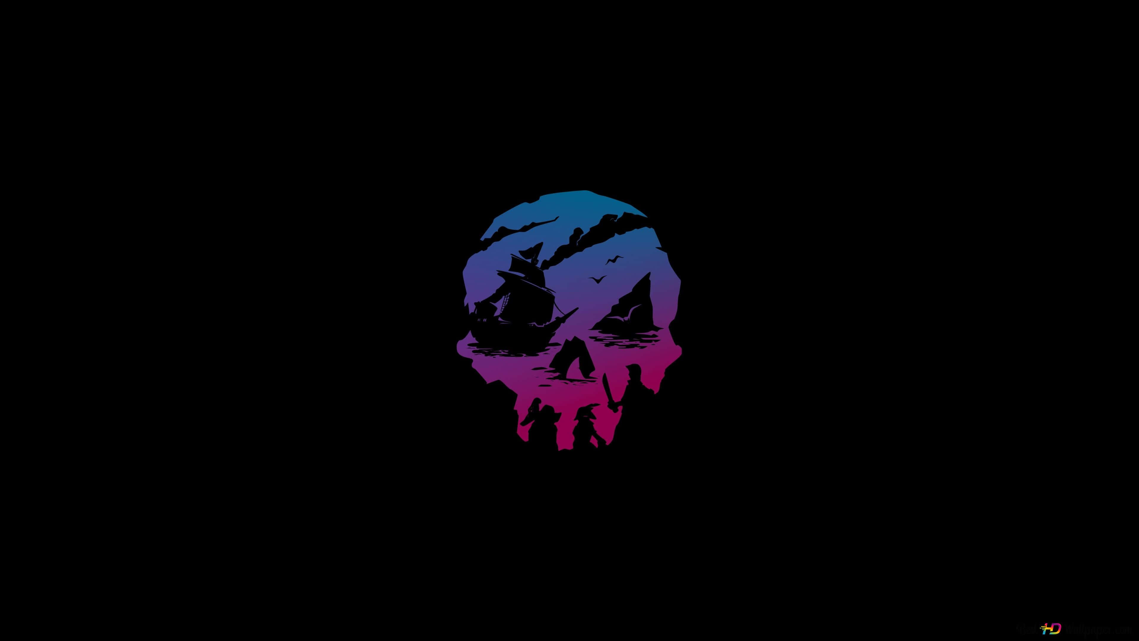 Awesome Skull 桌布 壁紙 — 一個風格化的頭骨剪影，填充了漸變日落場景，其中有船隻和人物，背景為黑色。