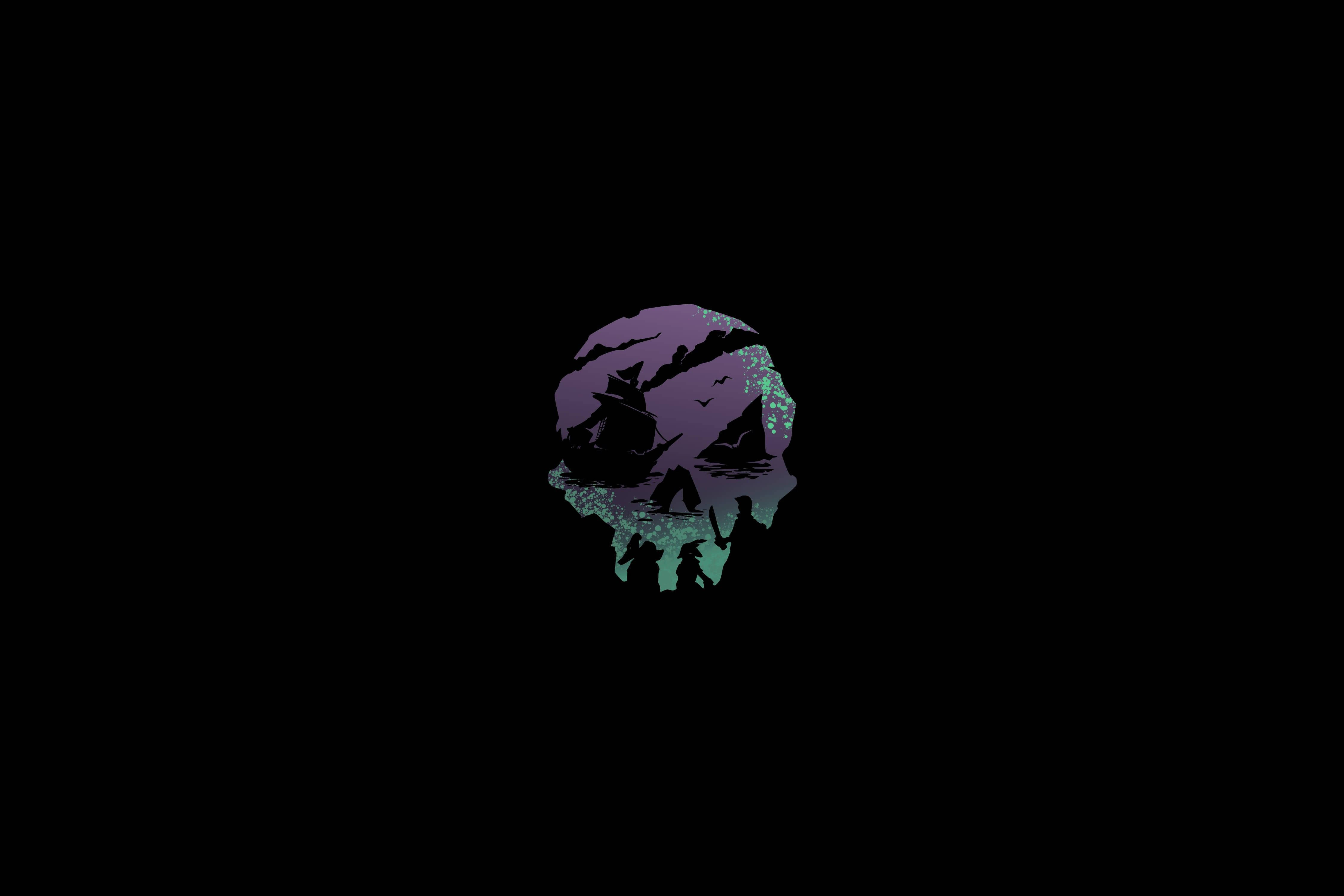 Sea Of Thieves 桌布 壁紙 — 一個風格化的頭骨剪影，填充了紫色和藍綠色的漸變，黑色背景上有剪影人物和鳥類。