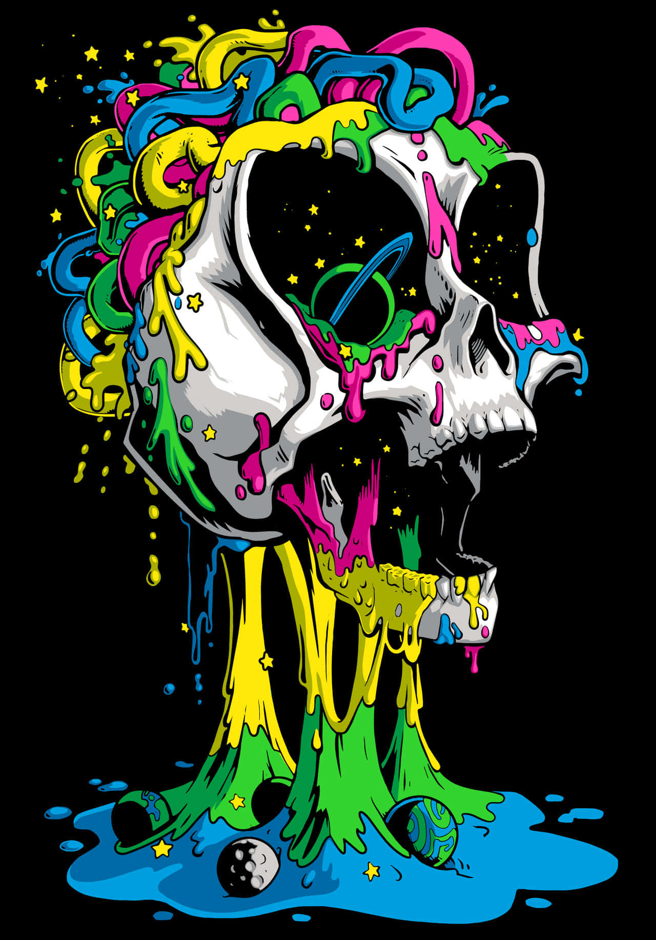 Drip 桌布 壁紙 — 一個風格化的頭骨在黑色背景上滴落著充滿活力的宇宙顏料，周圍環繞著星星和行星。