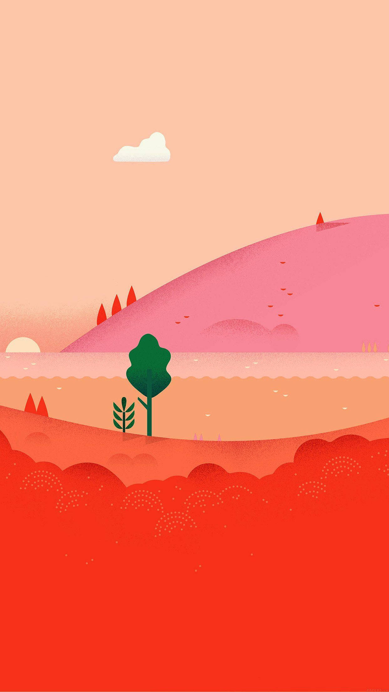 紅色山脈 桌布 壁紙 — 一個風格化的風景，紅色地形上有一棵孤獨的綠樹，桃色天空有一朵雲。