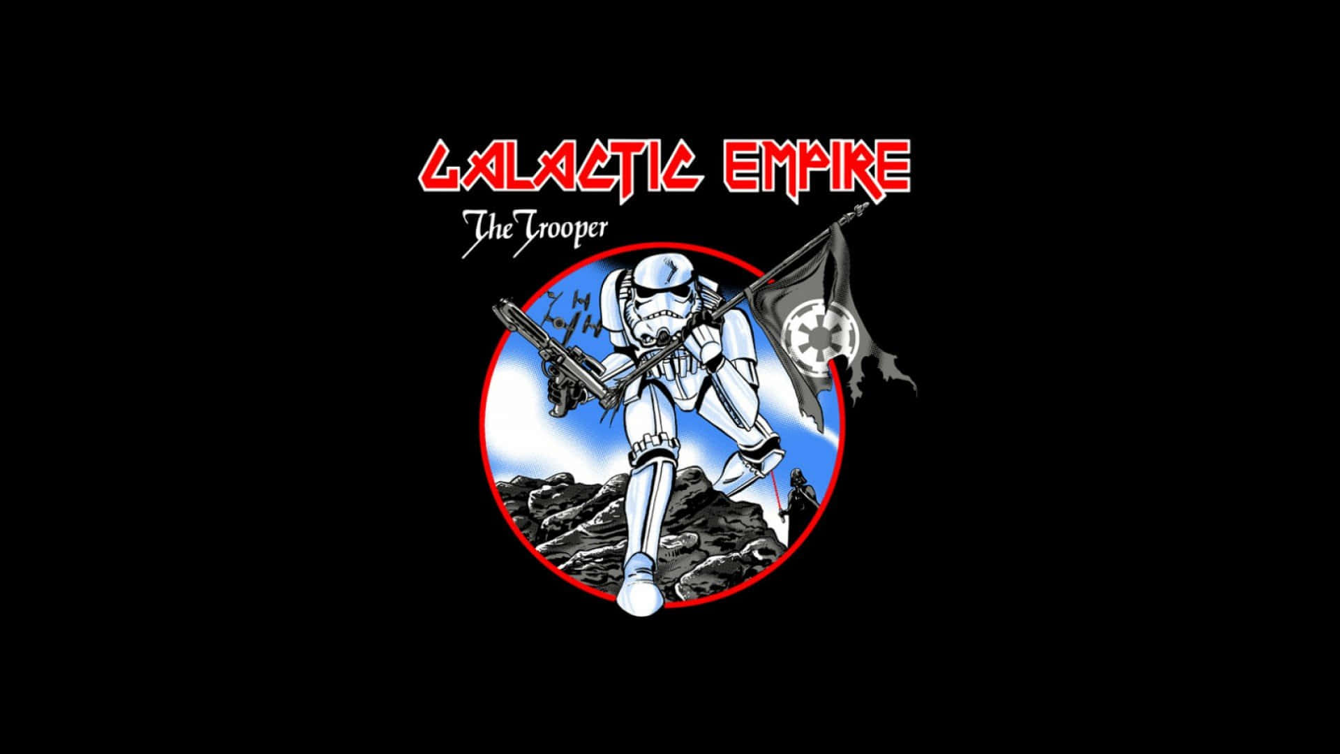 Funny Star Wars 桌布 壁紙 — 一個風格化的風暴兵手持爆能槍和帝國旗幟，在藍天下以岩石為背景前進。