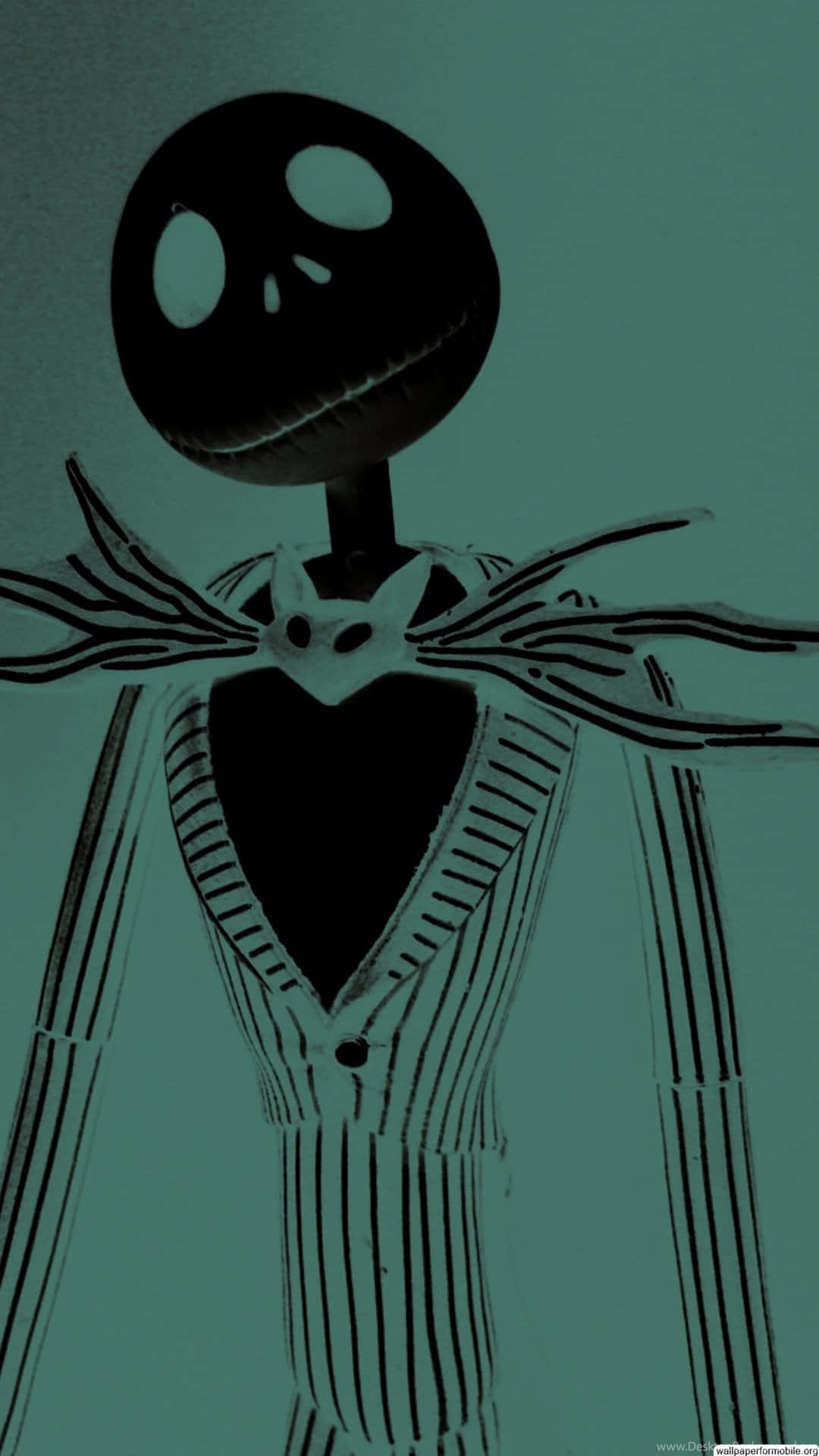 Nightmare Before Christmas Phone 桌布 壁紙 — 一個風格化的骷髏人物，身穿條紋西裝，帶有蝙蝠狀領子，背景為青綠色。
