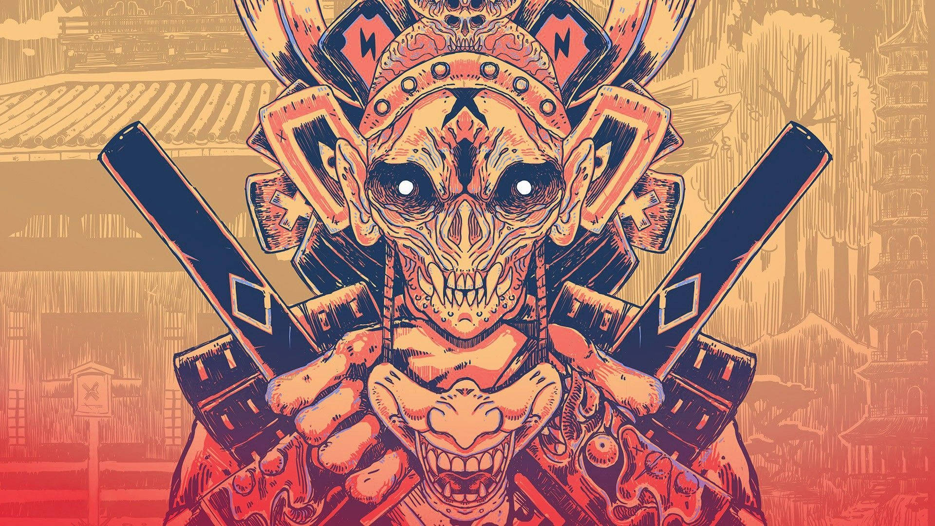 Oni 桌布 壁紙 — 一個風格化的骷髏戰士穿著華麗盔甲，在暖色調的傳統日本背景下手持兩把劍。