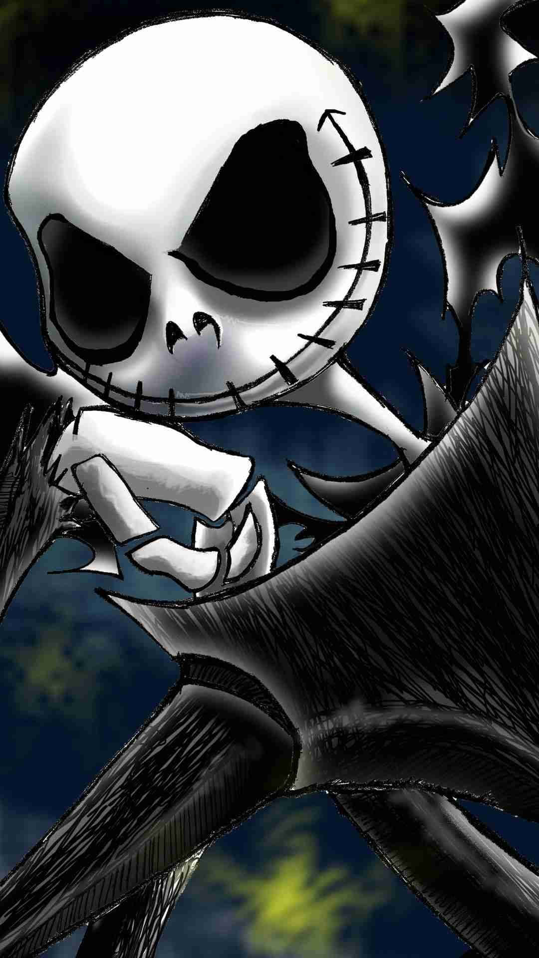 Nightmare Before Christmas Phone 桌布 壁紙 — 一個風格化的骷髏角色，帶有縫合特徵和黑色斗篷，站在帶有發光黃色點綴的深藍色背景前。
