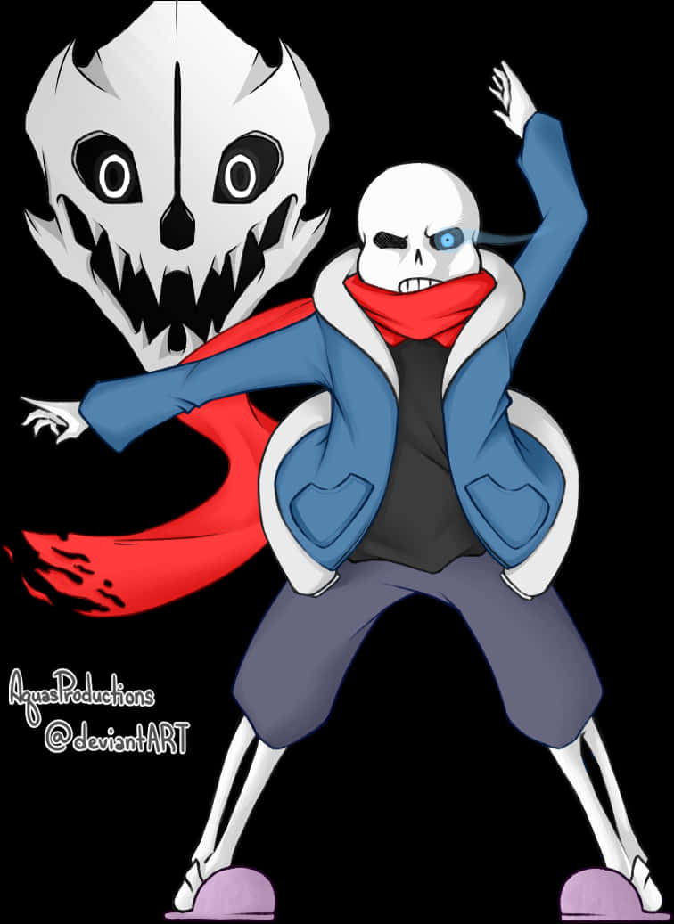 Undertale 桌布 壁紙 — 一個風格化的骷髏角色，身穿藍色外套和紅色圍巾，在黑色背景前，在一個更大的威脅性頭骨旁邊擺出動態姿勢。