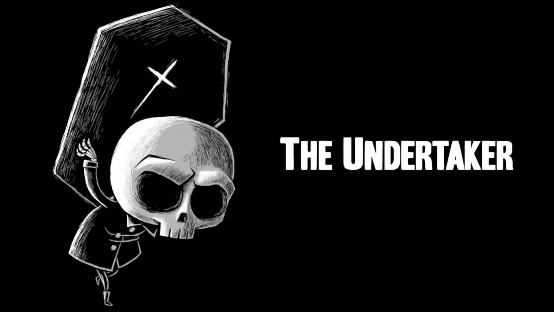 Undertaker 桌布 壁紙 — 一個風格化的骷髏角色戴著棺材帽，在黑色背景上扛著棺材，上面有粗體白色文字寫著「THE UNDERTAKER」。