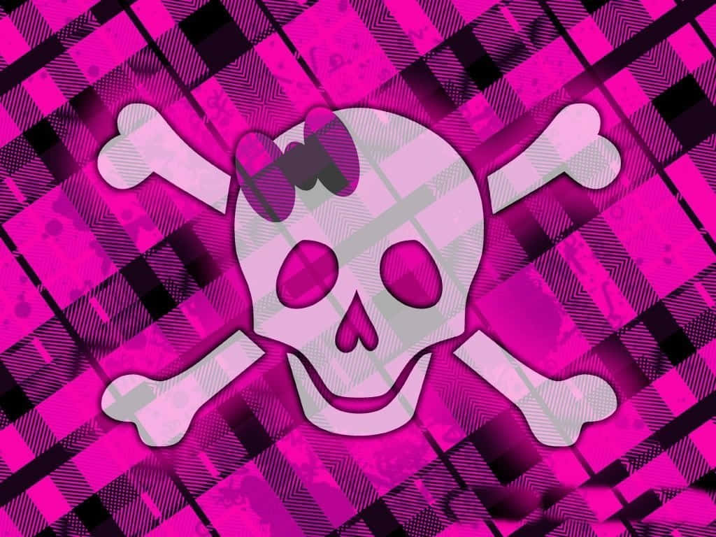 Pink Skull 桌布 壁紙 — 一個風格化的骷髏頭，帶有蝴蝶結和交叉骨頭，背景是鮮豔的粉紅和黑色格子圖案。