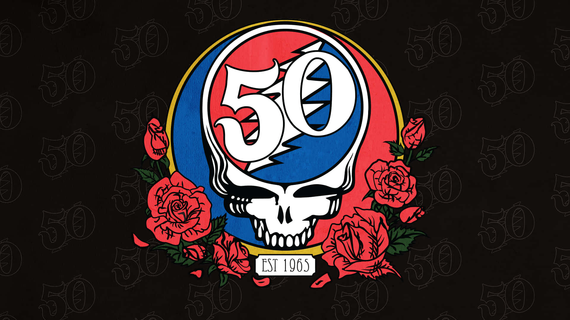 Grateful Dead iPhone 桌布 壁紙 — 一個風格化的骷髏頭，帶有閃電和數字50，被紅玫瑰環繞，黑色背景上重複著50圖案。
