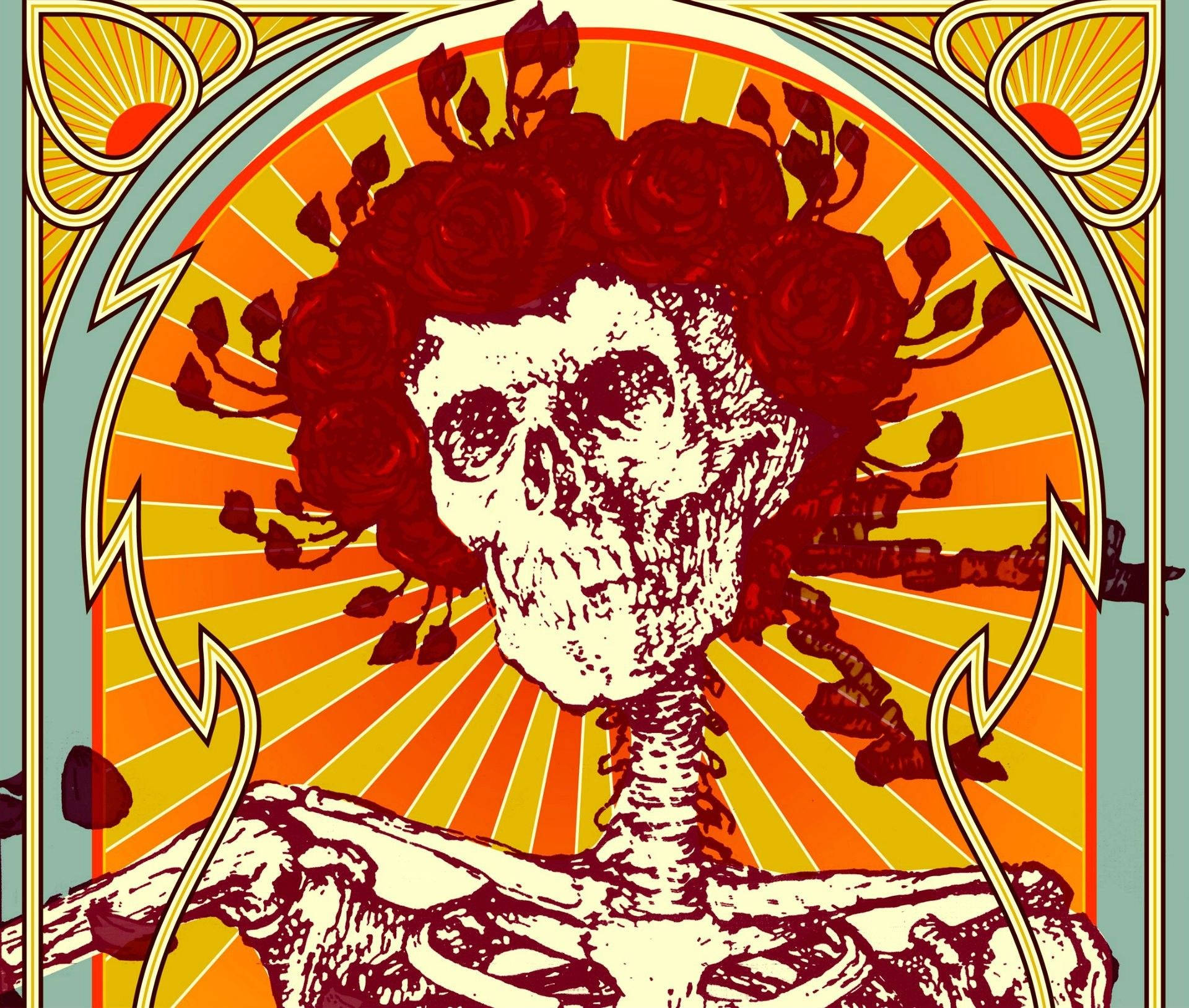 dead 桌布 壁紙 — 一個風格化的骷髏頭戴玫瑰冠冕，在由華麗邊框圍繞的太陽光背景下發光。