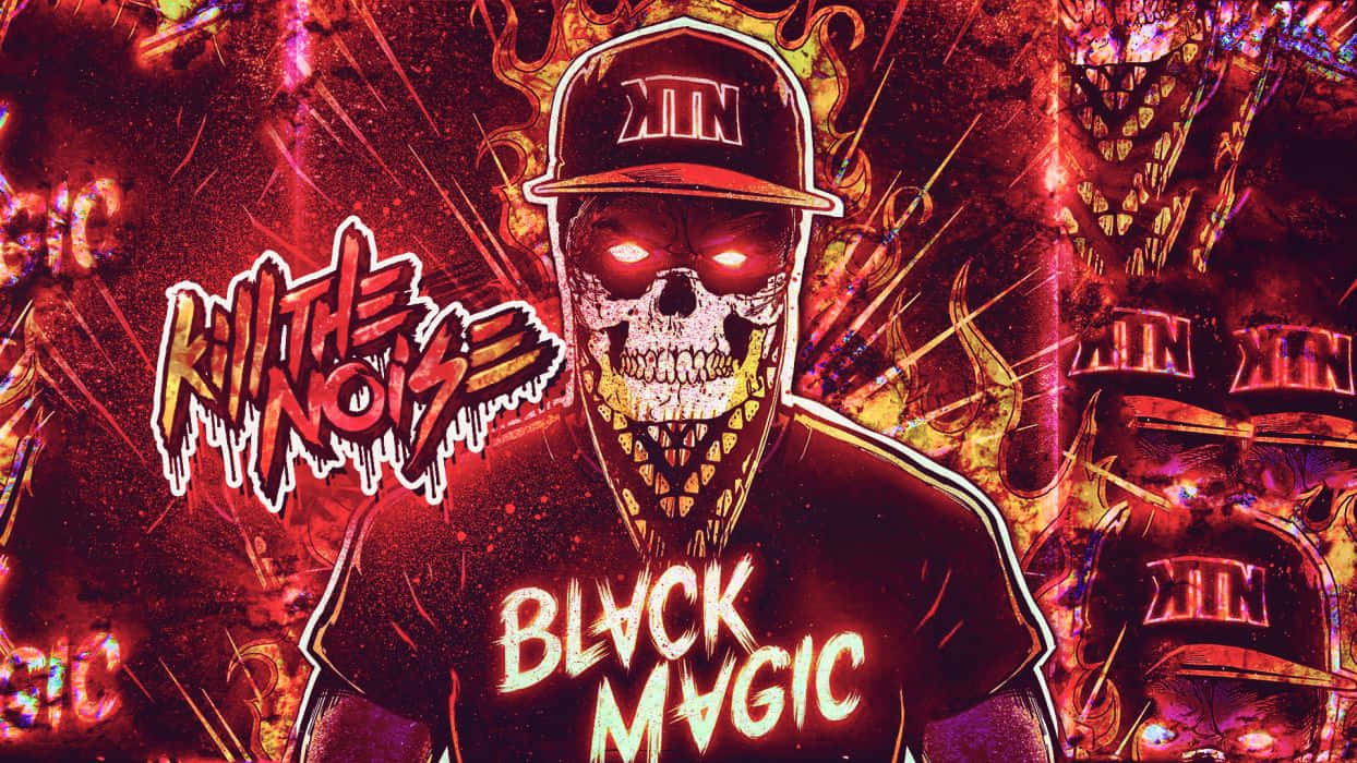 Hip Hop Album Covers 桌布 壁紙 — 一個風格化的骷髏頭戴著帽子和T恤，在熾熱的抽象背景上閃爍著紅色的眼睛。