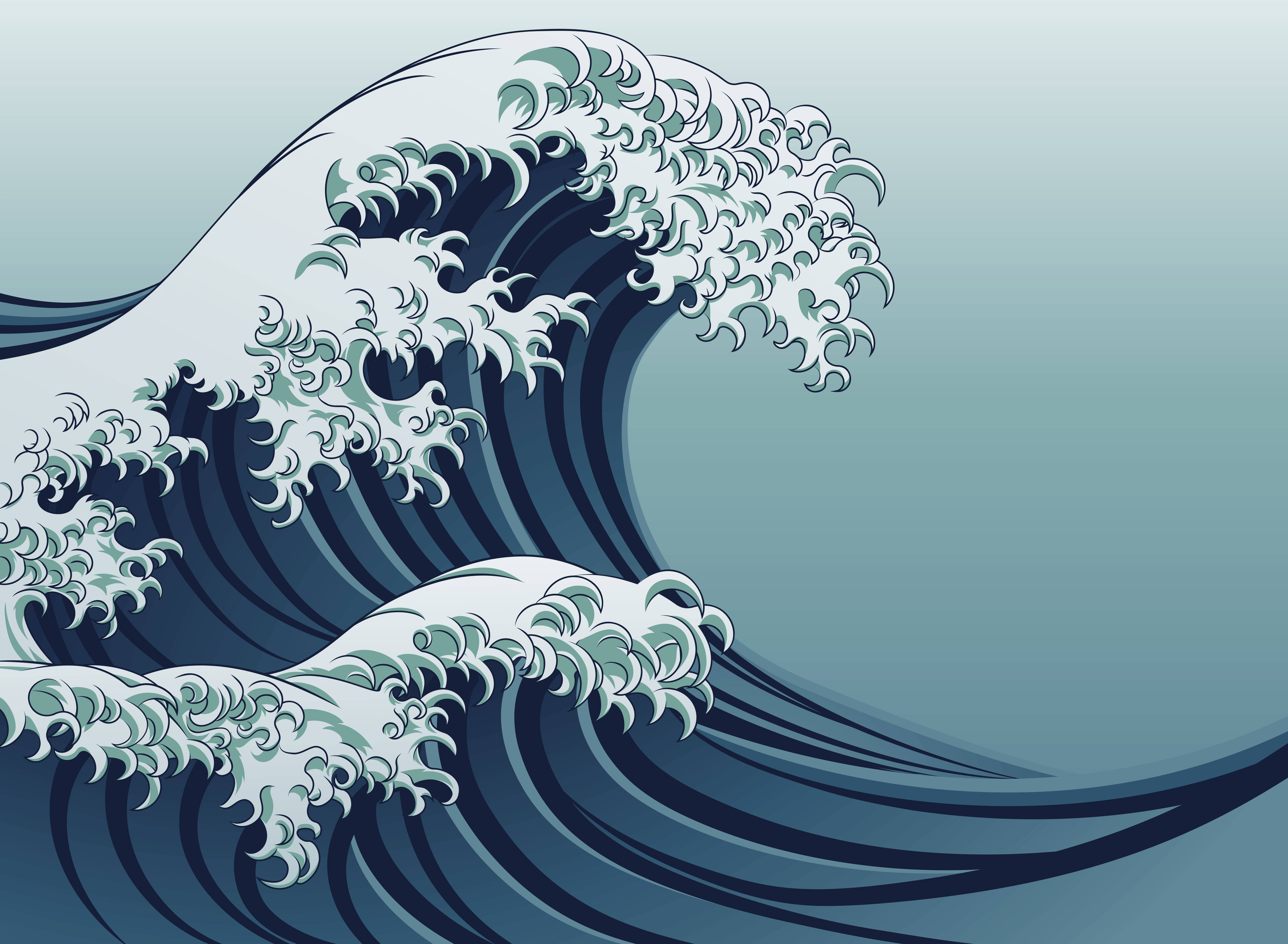 日式海浪 桌布 壁紙 — 一個風格化的高聳波浪，帶有泡沫般的白色波峰，在漸變青綠色背景上動態彎曲。