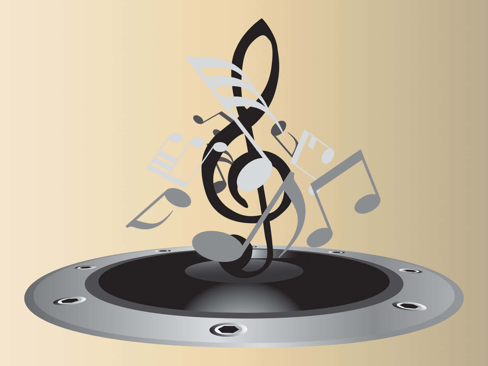 Music Notes 桌布 壁紙 — 一個風格化的高音譜號和音符從揚聲器錐體中迸發出來，背景是柔和的米色。