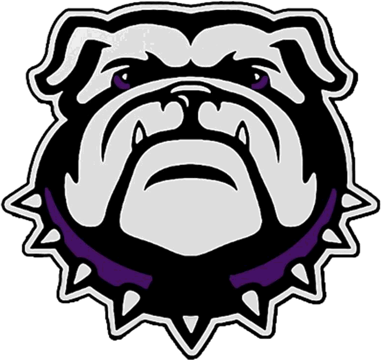 Georgia Bulldogs Logo 桌布 壁紙 — 一個風格化的鬥牛犬吉祥物標誌，帶有兇猛的表情、紫色眼睛和項圈，背景為黑色。