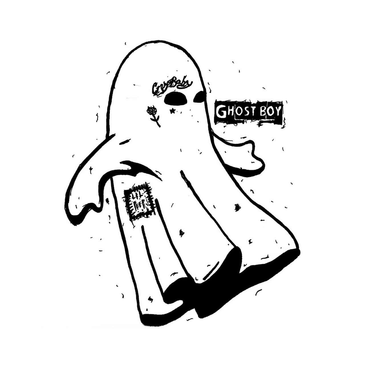  壁紙 — 一個風格化的鬼男孩，身上有刺青和「GHOST BOY」補丁，漂浮在純白色背景上。
