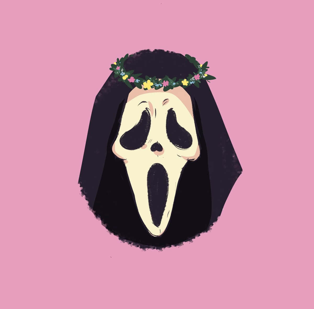 Cute Ghost 桌布 壁紙 — 一個風格化的鬼臉面具，飾有花冠，襯以柔和粉紅色背景。