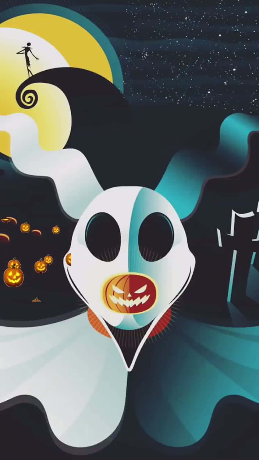 Nightmare Before Christmas Phone 桌布 壁紙 — 一個風格化的鬼魂，有著傑克南瓜燈的嘴巴，在新月下漂浮，而傑克南瓜燈在繁星點點的夜空中飄蕩。