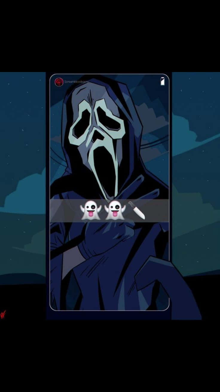 Cute Ghost 桌布 壁紙 — 一個風格化的鬼魂人物戴著尖叫面具，在黑暗的夜空背景下拿著一把刀。