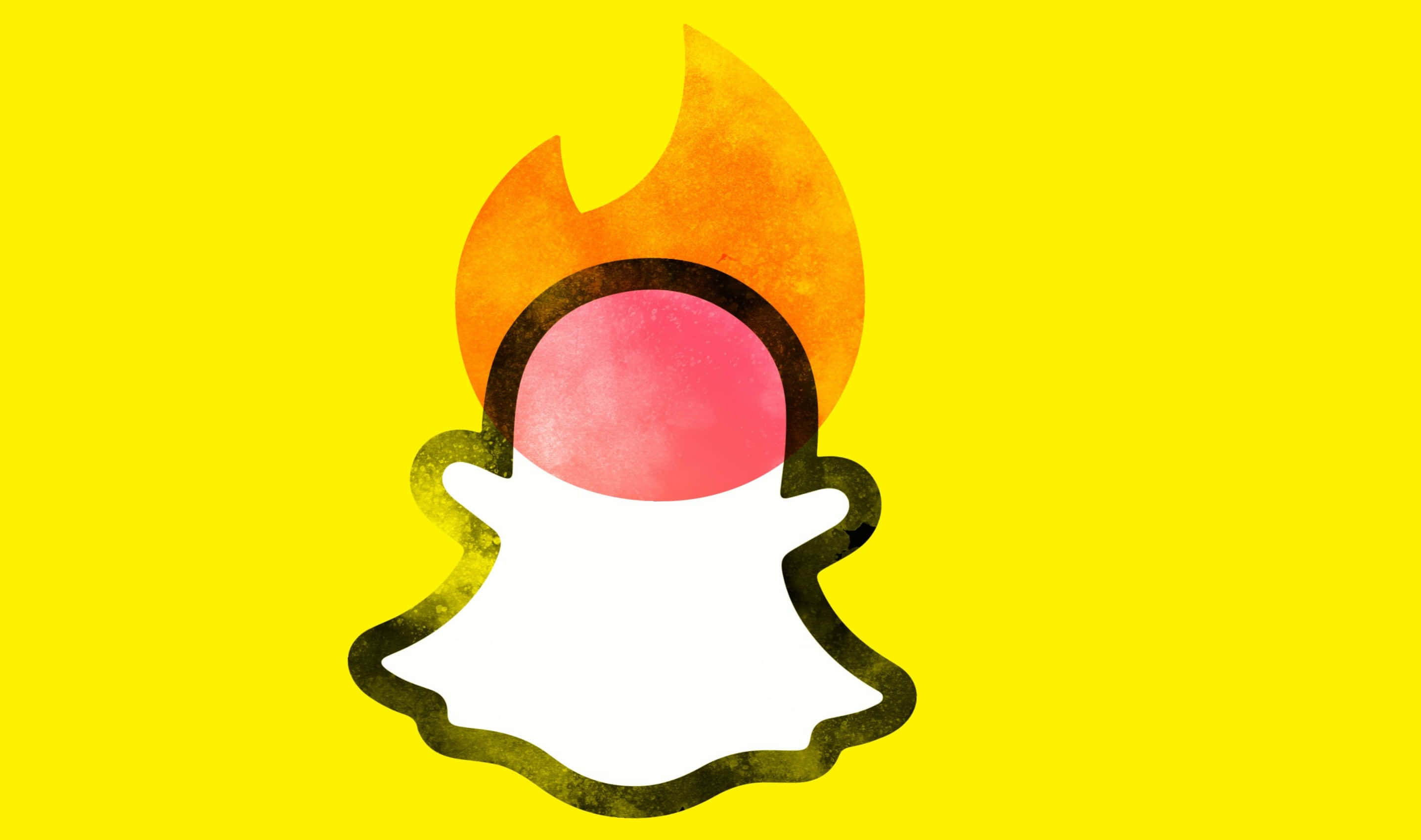 Snapchat 桌布 壁紙 — 一個風格化的鬼魂圖示，帶有火焰光環，置於明亮的黃色背景上。