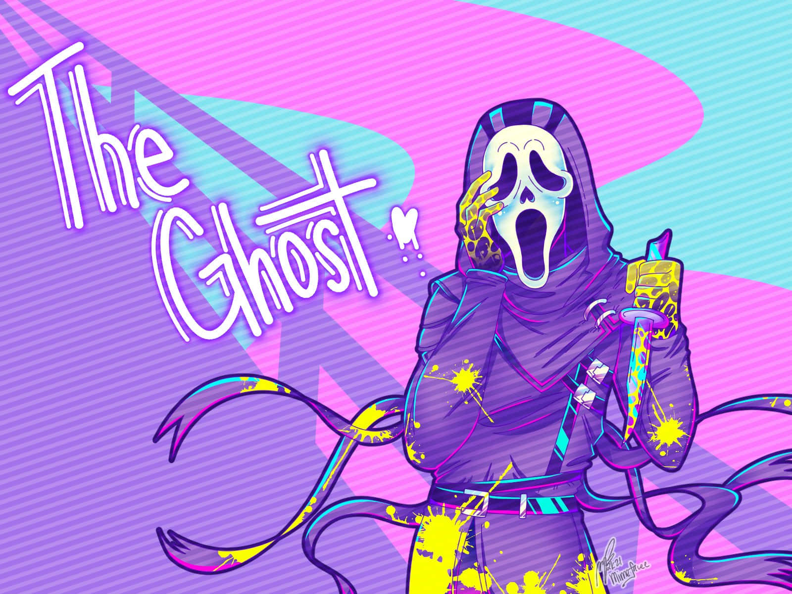 Cute Ghost 桌布 壁紙 — 一個風格化的鬼魂角色穿著紫色連帽衫，戴著尖叫面具，在充滿活力的粉紅色和青色背景上握著一把濺滿油漆的劍。
