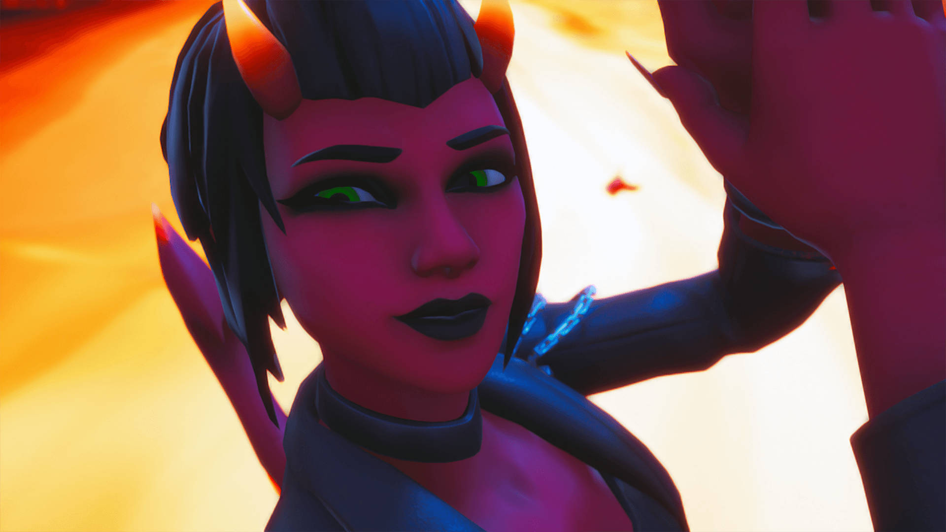 Fortnite Girl 桌布 壁紙 — 一個風格化的魔鬼女人，擁有發光的綠色眼睛和橙色角，在熾熱的橙色和黃色背景前擺姿勢。