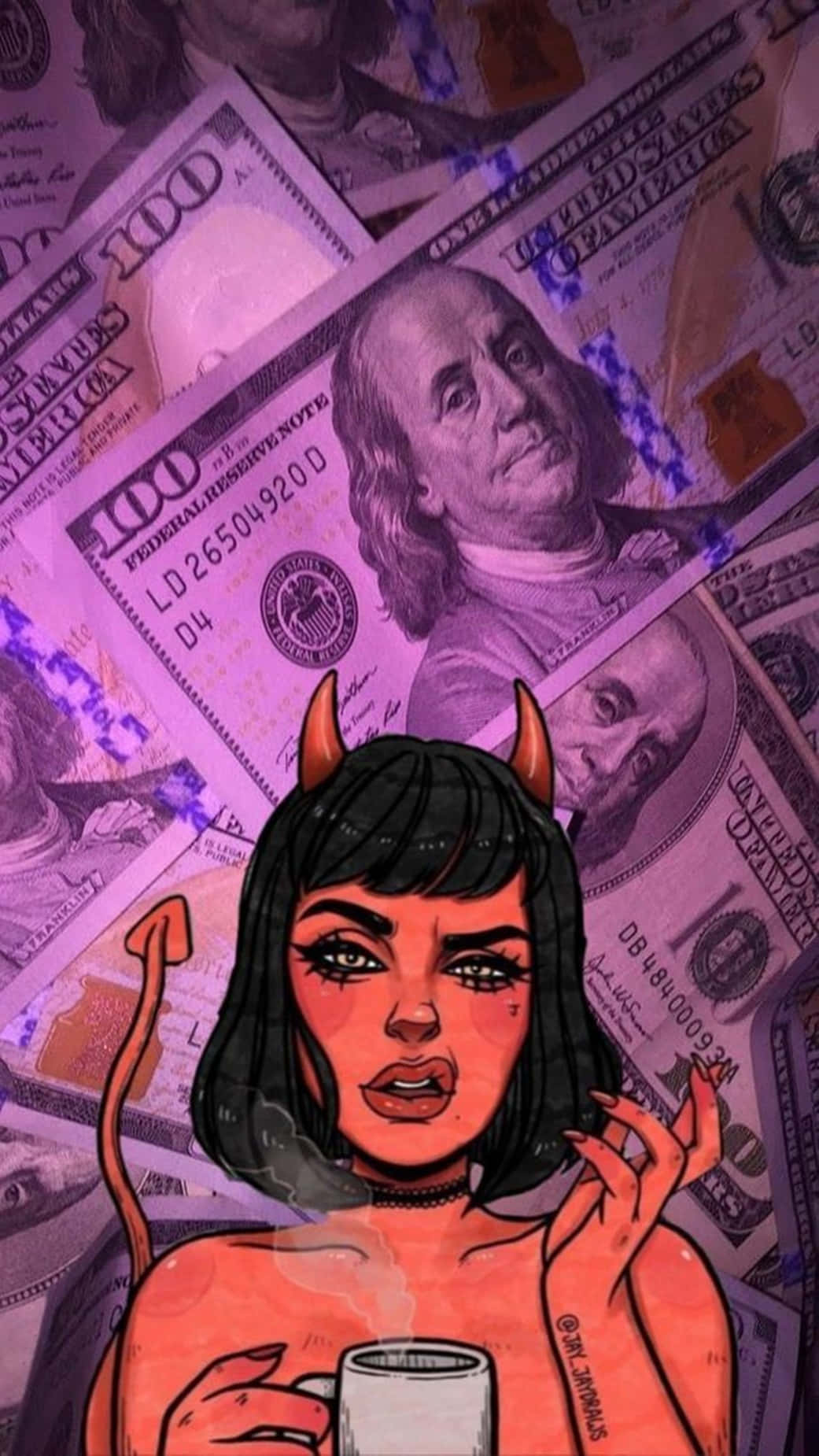 Baddie Girl 桌布 壁紙 — 一個風格化的魔鬼女人，有角和尾巴，在紫色調的百元鈔票海中啜飲咖啡。