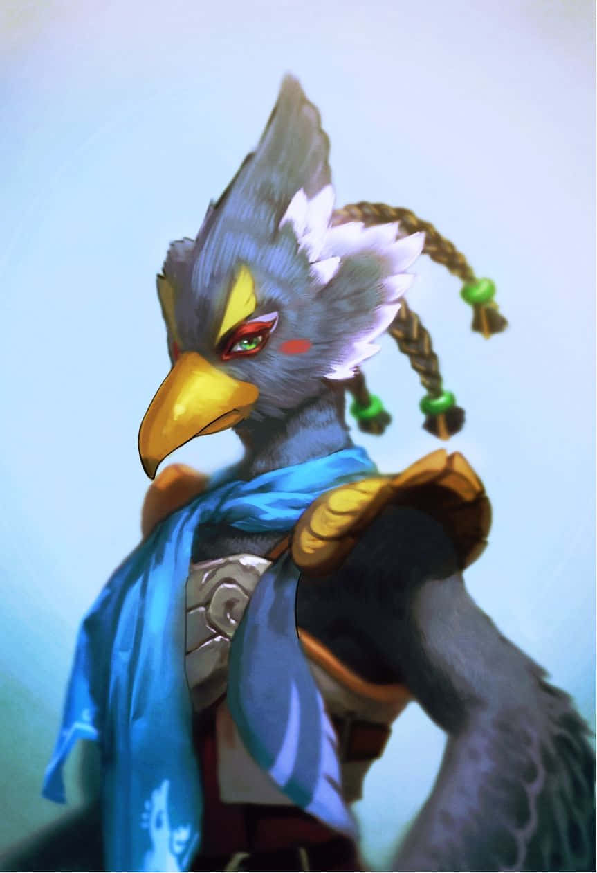 The Legend Of Zelda Revali 桌布 壁紙 — 一個風格化的鳥類戰士，有灰色羽毛、黃色喙和編織的頭髮，飾有綠色珠子，穿著藍色圍巾和盔甲，背景是柔和的藍色。