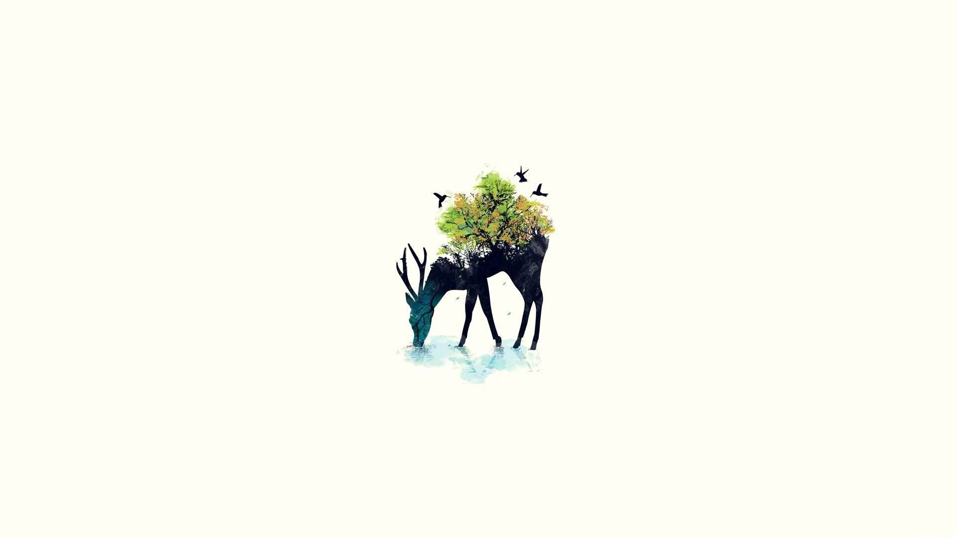 Minimalist Nature 桌布 壁紙 — 一個風格化的鹿剪影，背上長出一棵充滿活力的樹，鳥兒在淡色背景上飛翔。