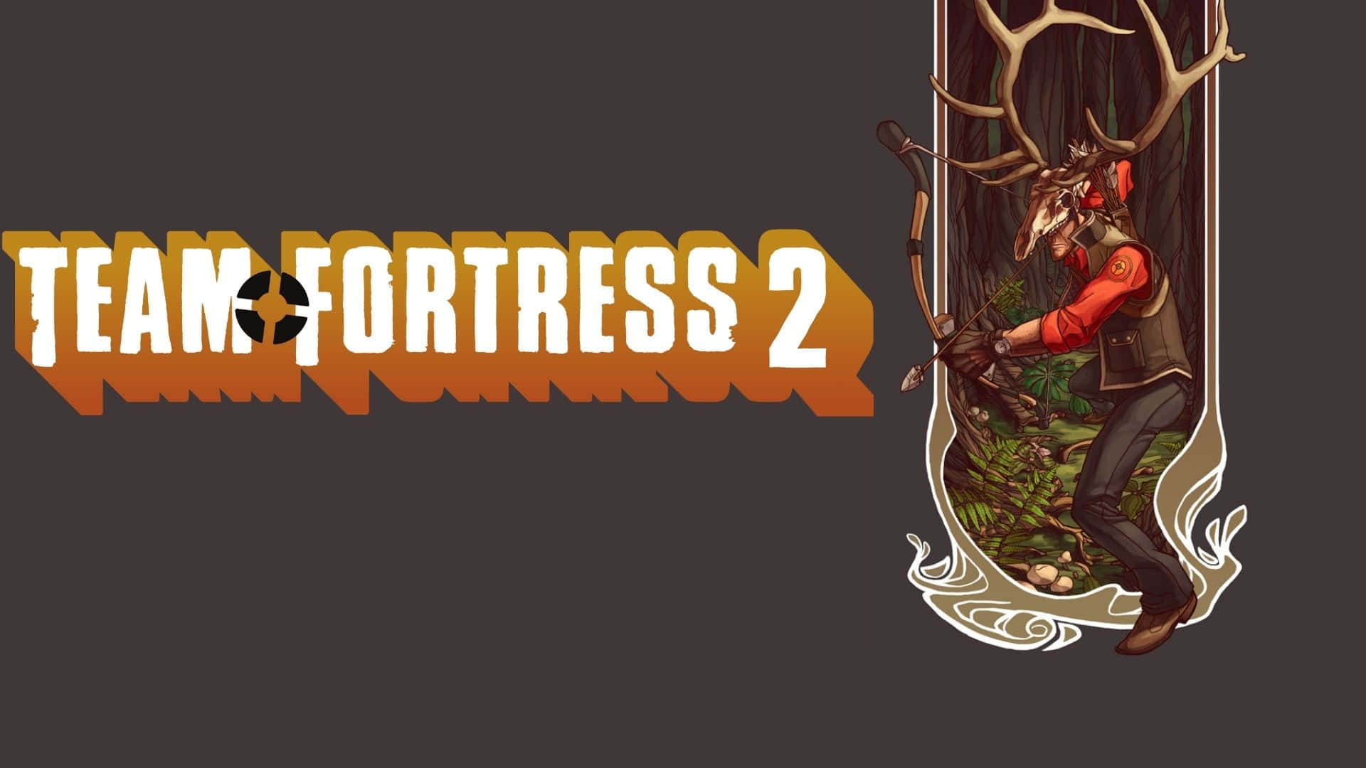 1920x1080 Tf2 桌布 壁紙 — 一個風格化的鹿頭弓箭手，身穿紅色襯衫和背心，在森林場景中瞄準弓箭，旁邊是 Team Fortress 2 標誌。