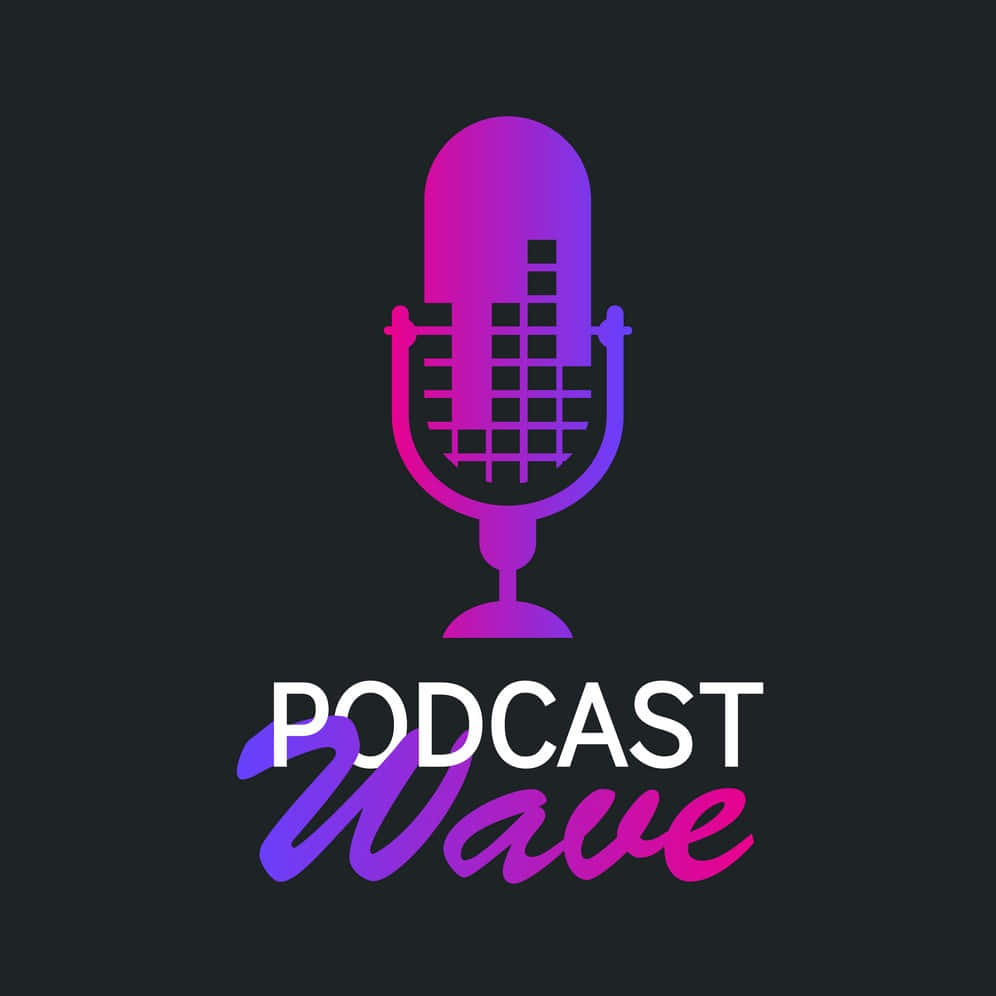 Podcast 桌布 壁紙 — 一個風格化的麥克風，帶有紫粉漸變和音頻波形圖案，置於深色背景上，並有「Podcast Wave」文字。