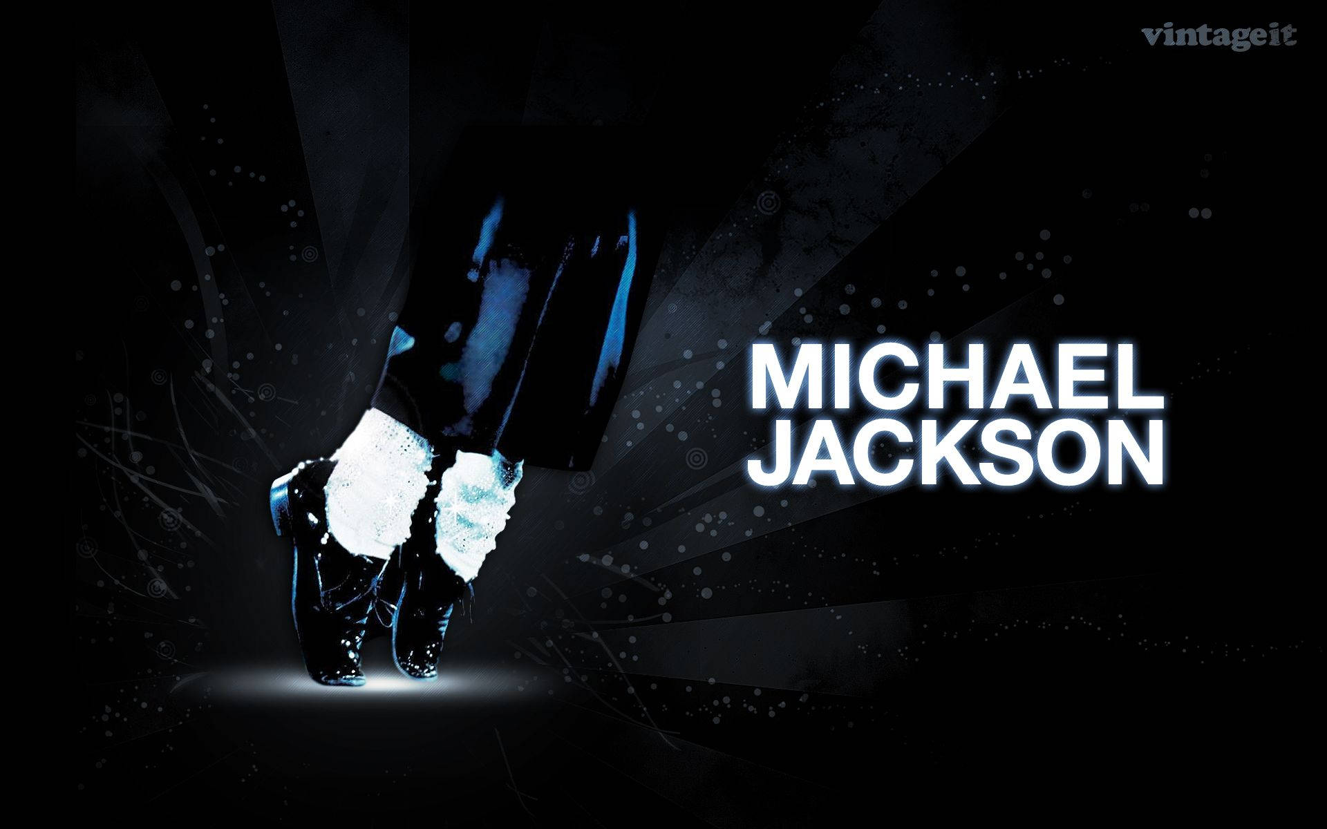 michael 桌布 壁紙 — 一個風格化的麥可傑克森剪影，穿著發光的白色靴子，在黑暗的抽象背景上，他的名字以粗體白色文字呈現。