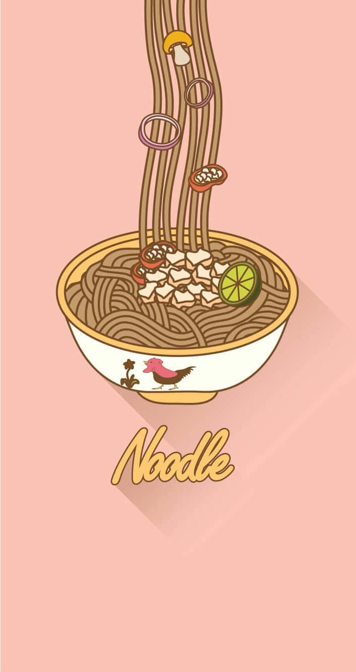 Noodles 桌布 壁紙 — 一個風格化的麵條碗，上面有配料和雞肉圖案，背景是柔和的粉紅色。