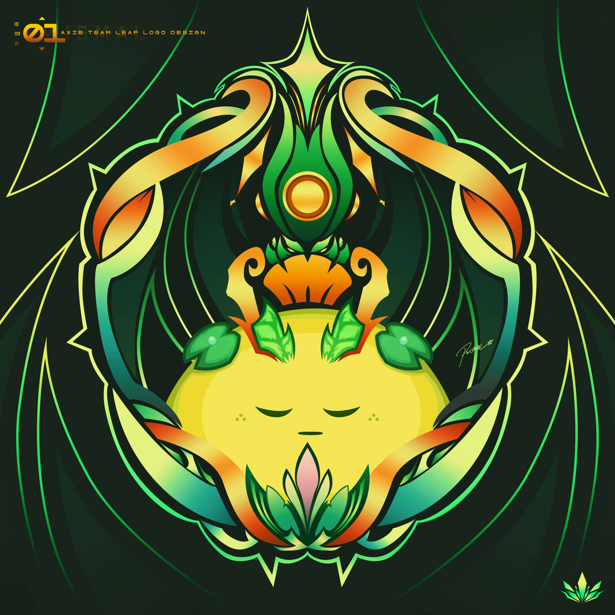 infinity 桌布 壁紙 — 一個風格化的黃色Axie角色，閉著眼睛，帶有綠色葉狀裝飾，由華麗的綠色和橙色部落圖案框住，背景為深色。