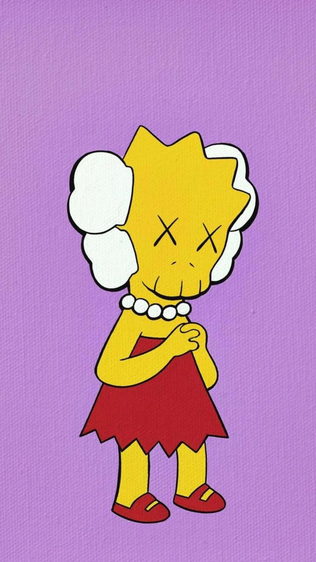 Kaws The Simpsons 桌布 壁紙 — 一個風格化的黃色卡通女孩，帶有白色絨球和珍珠項鍊，站在有紋理的紫色背景前。