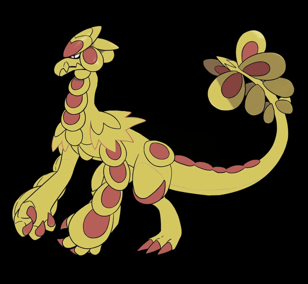 Pokemon Aesthetic 桌布 壁紙 — 一個風格化的黃色和紅色龍狀生物，帶有葉狀圖案，站在黑色背景前。
