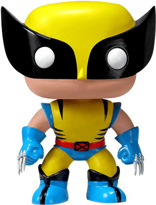 Toy 桌布 壁紙 — 一個風格化的黃色和藍色金鋼狼 Funko Pop 人偶，戴著黑色面具和爪子，站在純白色背景前。