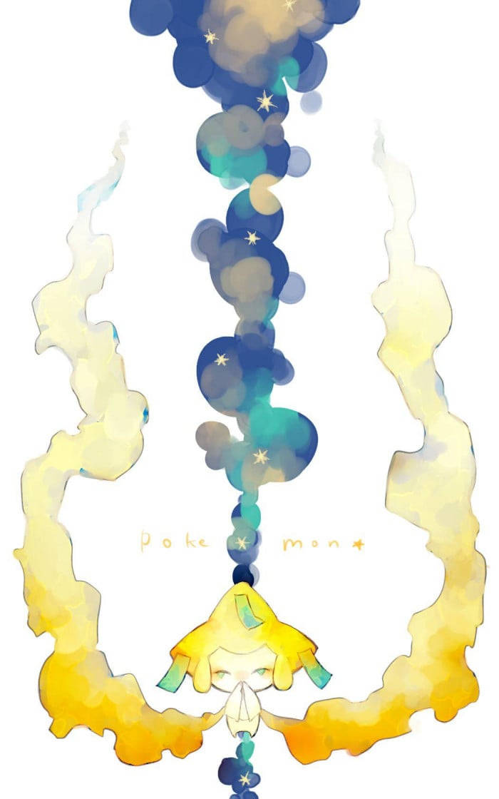 Watercolor 桌布 壁紙 — 一個風格化的黃色寶可夢角色閉著眼睛，漂浮在由藍色、藍綠色和金色煙霧組成的旋轉柱下，柱上點綴著星星。